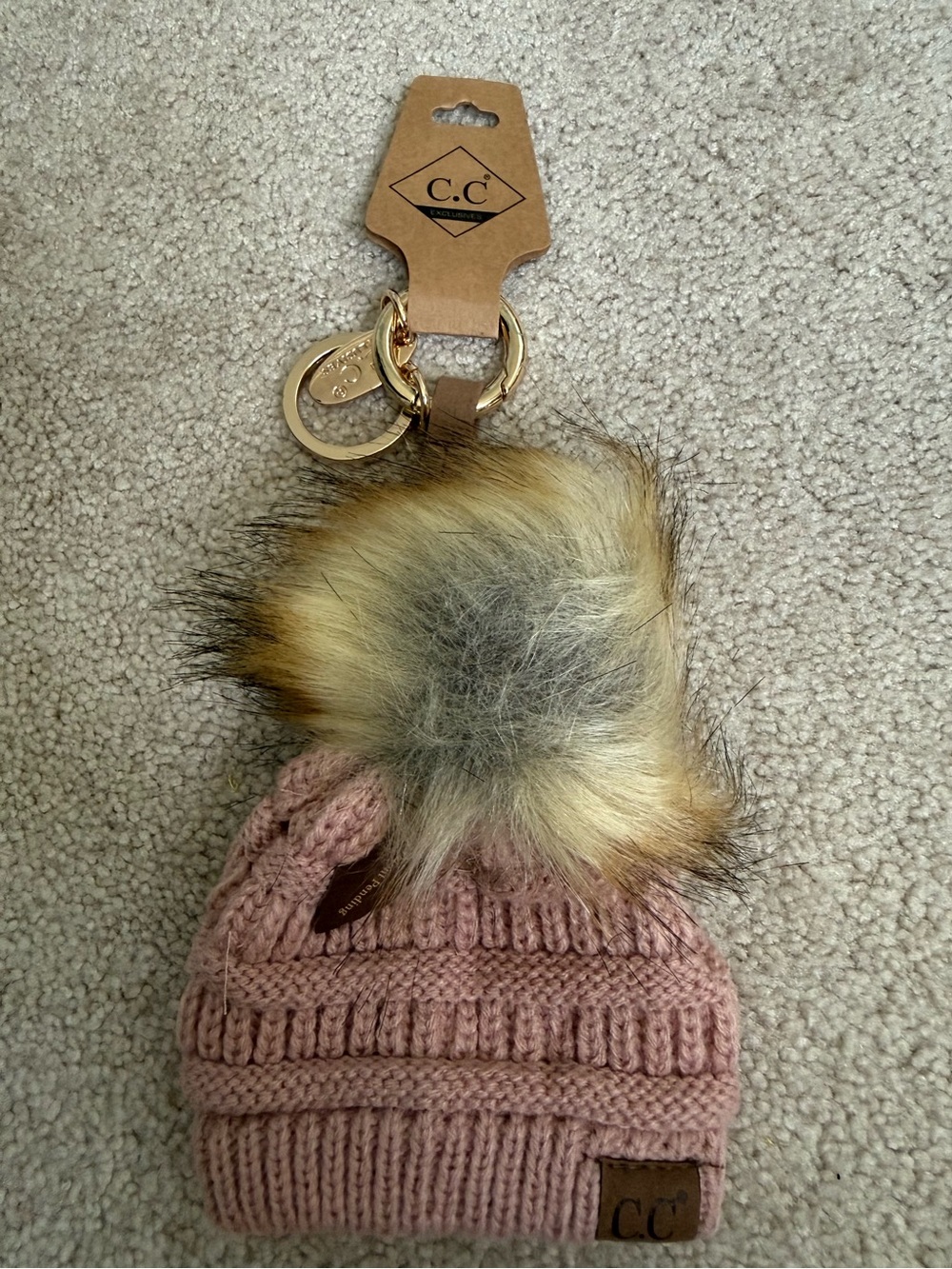 C.C. Exclusives Mini Knit Keychain - Light Pink Knit with Tan Pom NEW WITH TAGS
